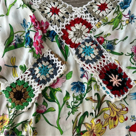 V Neck Kaftan Ruffle Sleeve Crochet Trim Bohemian Top With Fringe - Picture 8 of 13